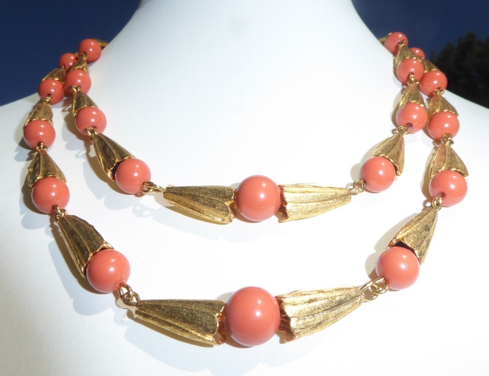 Spectacular Vintage Gold Tone Faux Coral Beaded 2 Strand Necklace Lady Remington
