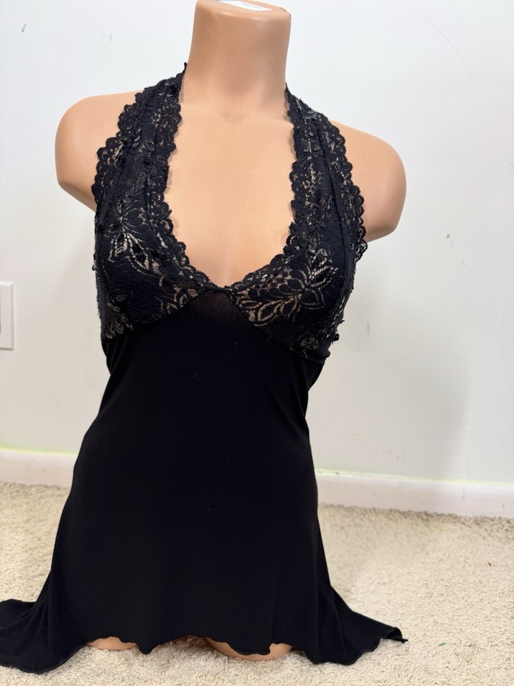 VTG Y2K Charlotte Russe Black Sequin Lacey Halter Top Whimsigoth Fairy Size S