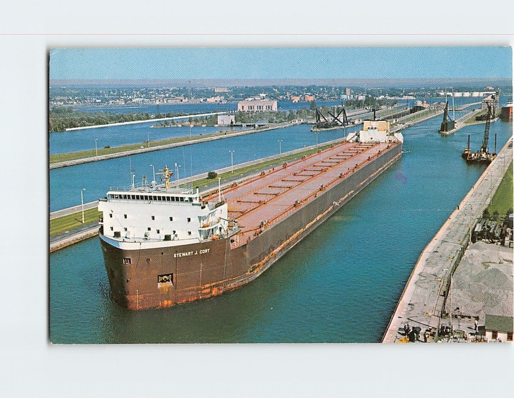 Postcard Freighter Stewart J. Cort & Soo Locks Sault Ste. Marie Michigan USA