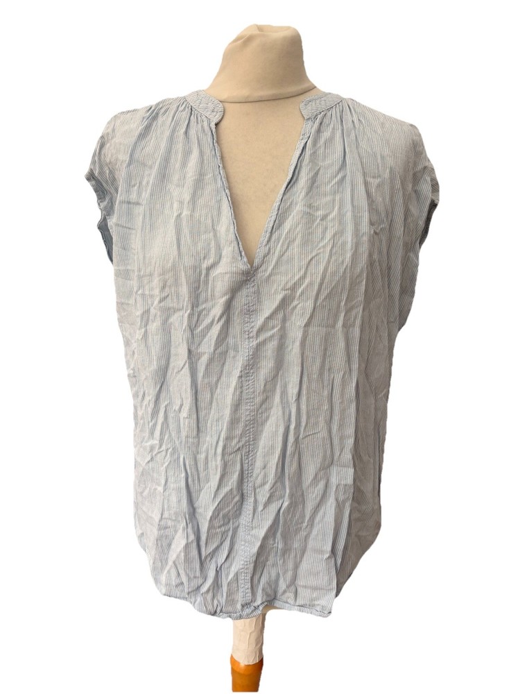 H&M Blue Striped Blouse Size M Short Sleeve Cotton Blend Lightweight Women’s