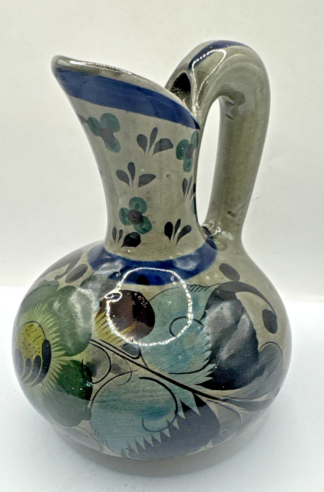 Beautiful Vintage Tonala Mexican Pottery Hand Painted Pitcher Vase Jug