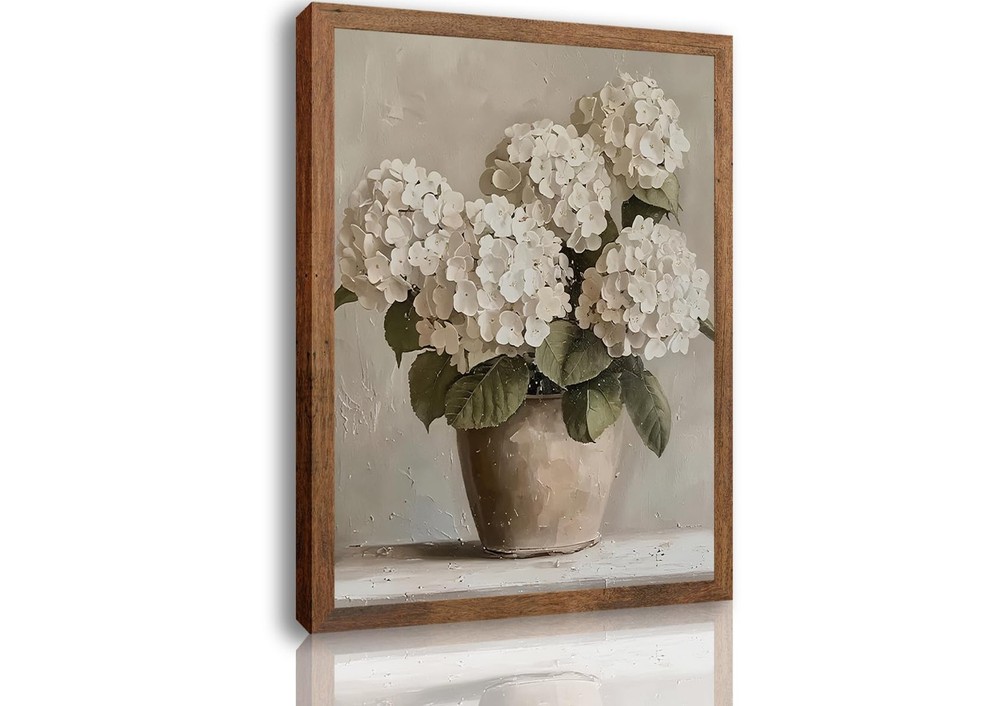 White Hydrangea Wall Art Vintage Farmhouse Flowers Wall Decor Floral Canvas O...