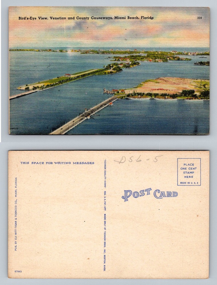 Miami Beach, FL-Florida, Bird's Eye Venetian County Causeways Vintage Postcard