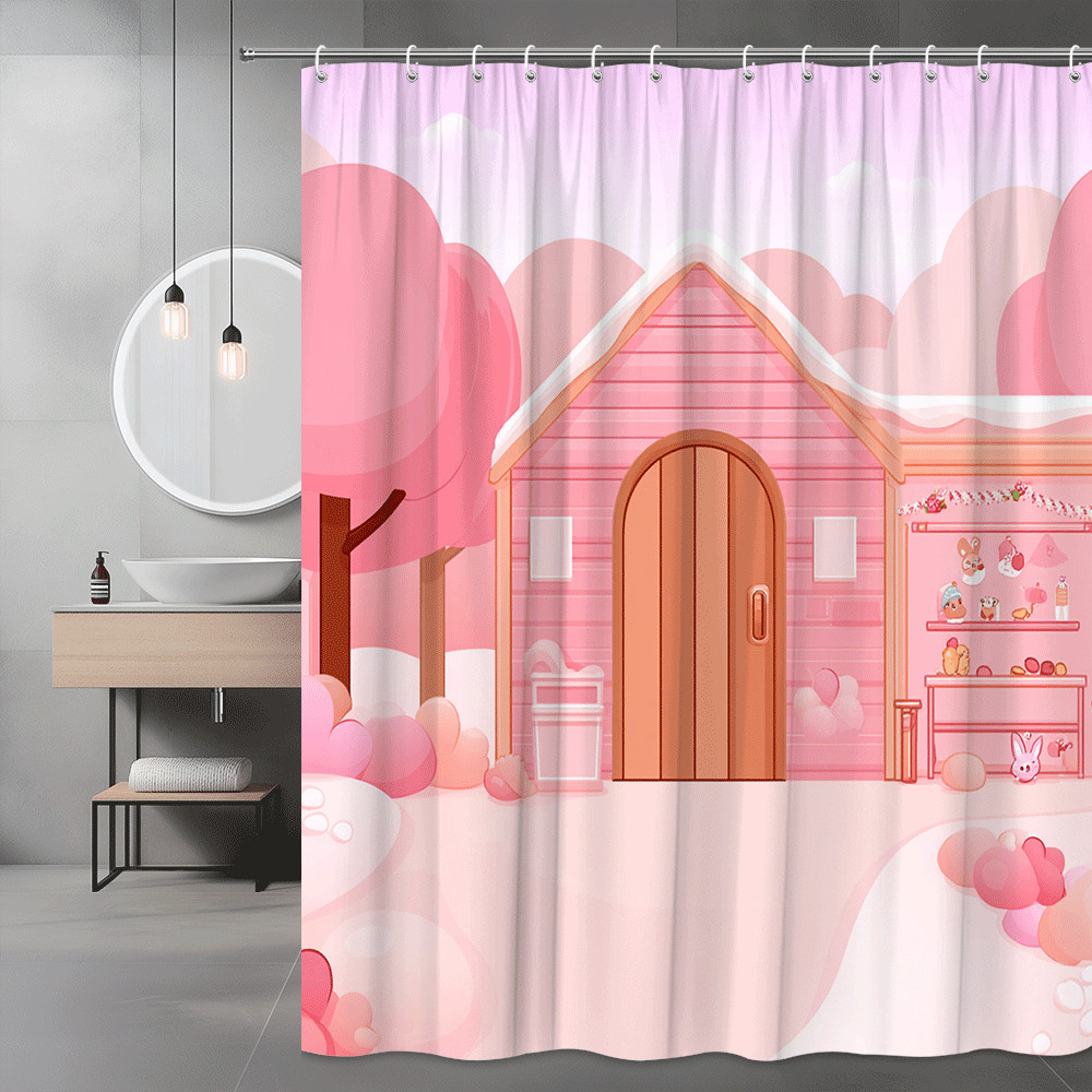 Pink Cartoon House Shower Curtain, Cute Pastel Landscape Print