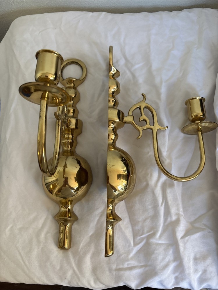 2 Brass Candlestick Holders Wall Mount Sconces 12”