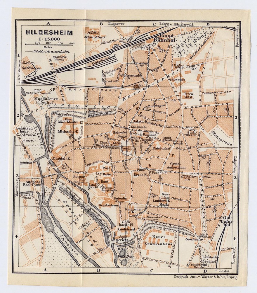 1911 Original Antique Map Of Hildesheim / Lower Saxony / Germany