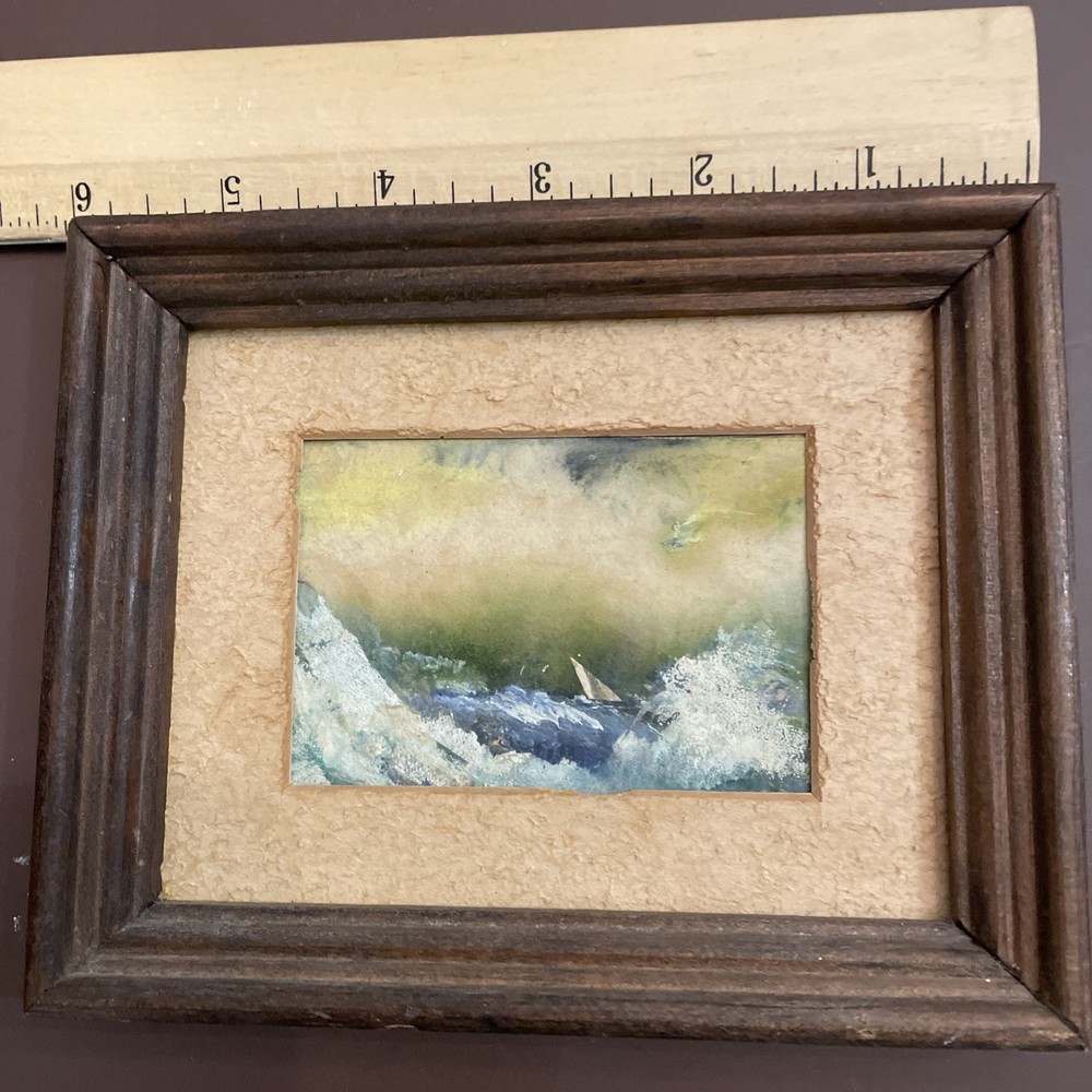 Antique Miniature Seascape With Dimensional Sailboat 5.5x4.5”