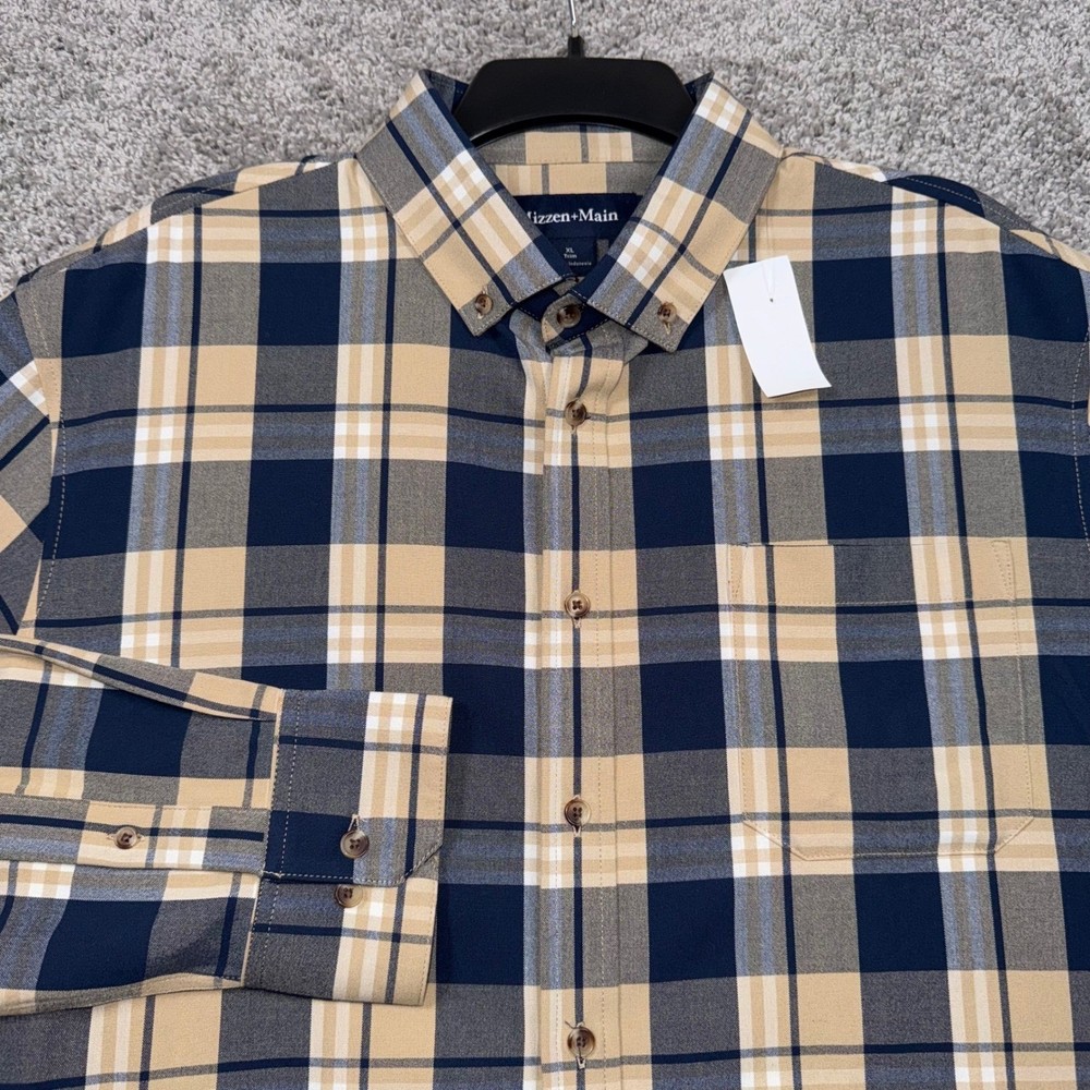 Mizzen + Main Mens City Flannel XL Trim Fit Khaki Plaid Button Down Shirt NEW