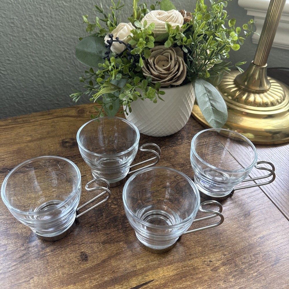 Bormioli Rocco Italy 2-3oz Espresso Glass Coffee Cups Steel Handles - Set of 4