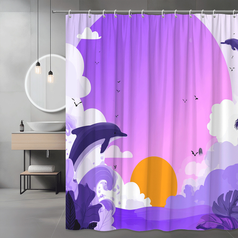 Dolphin Sunset Shower Curtain Purple Ocean Graphic