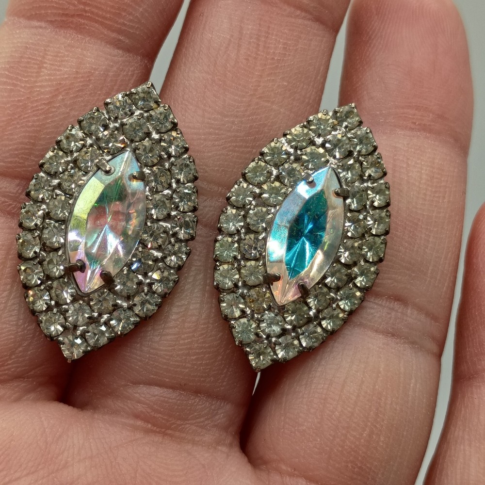 Vintage Rhinestone Clip On Earrings Aurora Borealis Silver Tone Bridal Prom