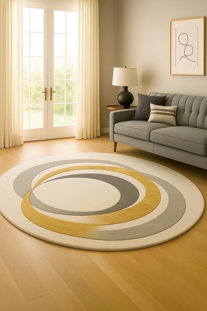 Hand-Tufted Wool Round Rug | Gold & Grey Geometric Design
