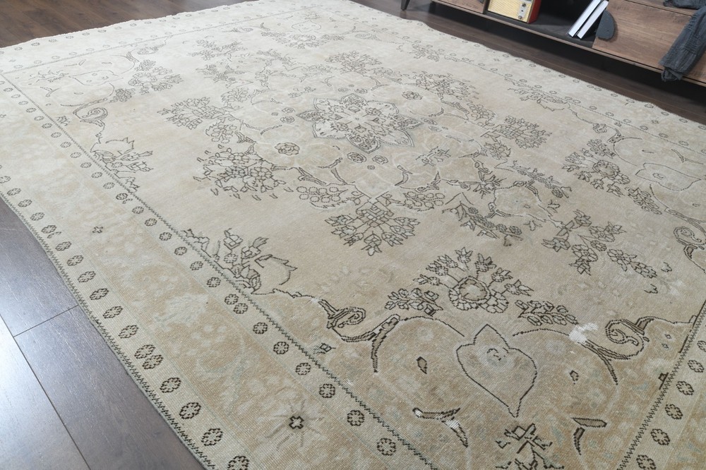 9.6x12.8 ft Medallion Vintage Turkish Oushak Rug, Beige Brown Handmade Wool Rug