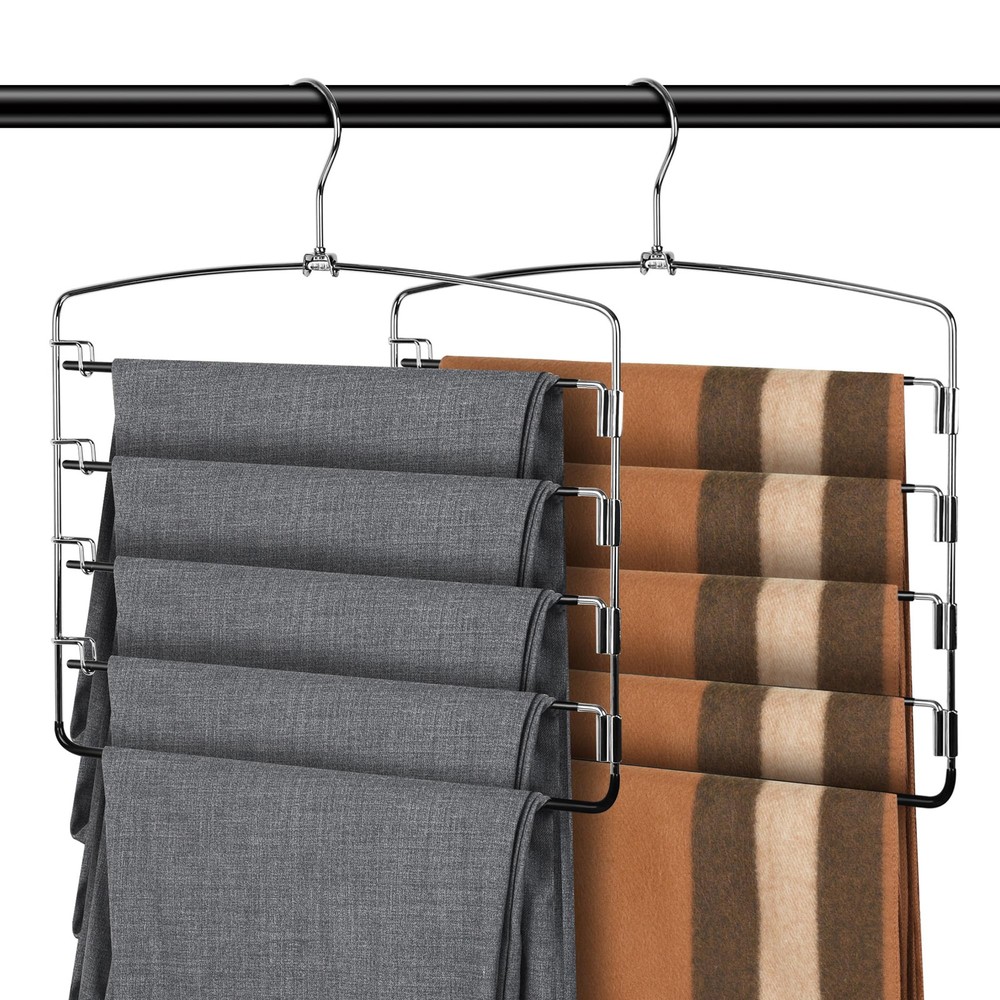 KLEVERISE 2 Pack 5-Layer Non-Slip Stainless Steel Pants Hangers Space Saving Design