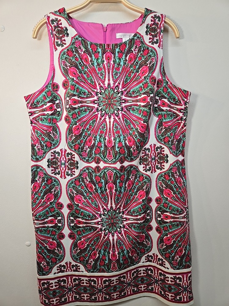 NWOT London Times Cotton White Pink Green Shift Dress Size 14 Lined