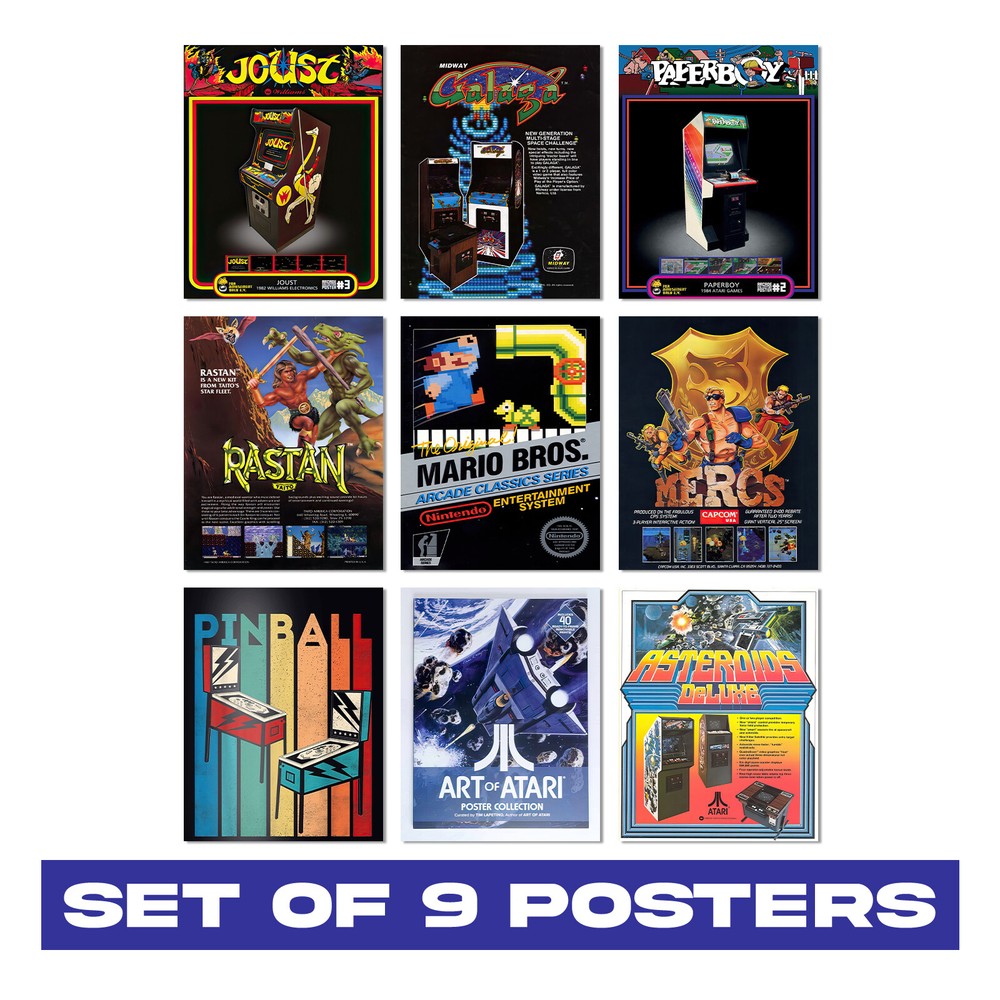 Vintage Arcade Gaming Poster Set of 9 - Classic Video Game Room Decor