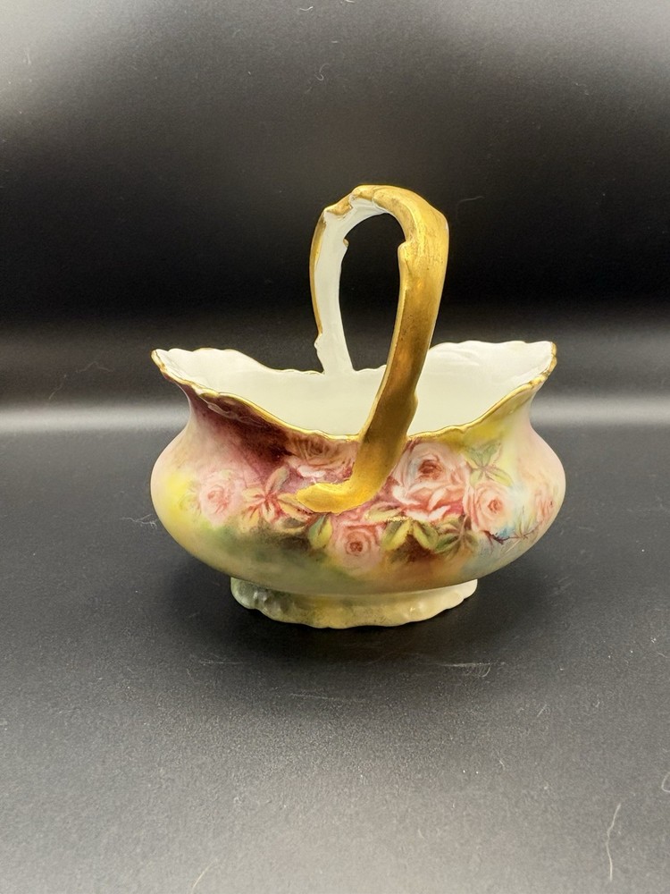 T&V Limoges Porcelain Hand Painted Basket Signed Gold Accent Rose Flower