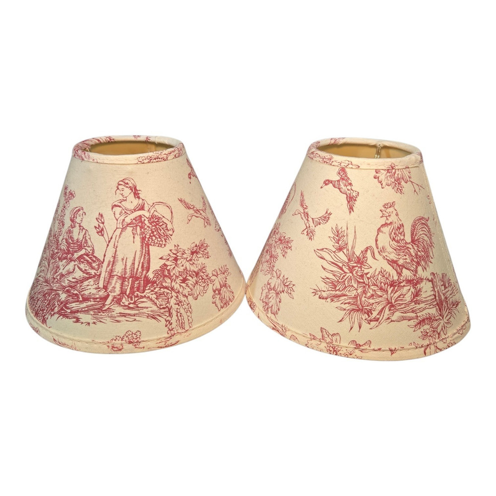 Set of 2 Toile Lampshades Red Cream French Country Clip-On Chandelier Shades
