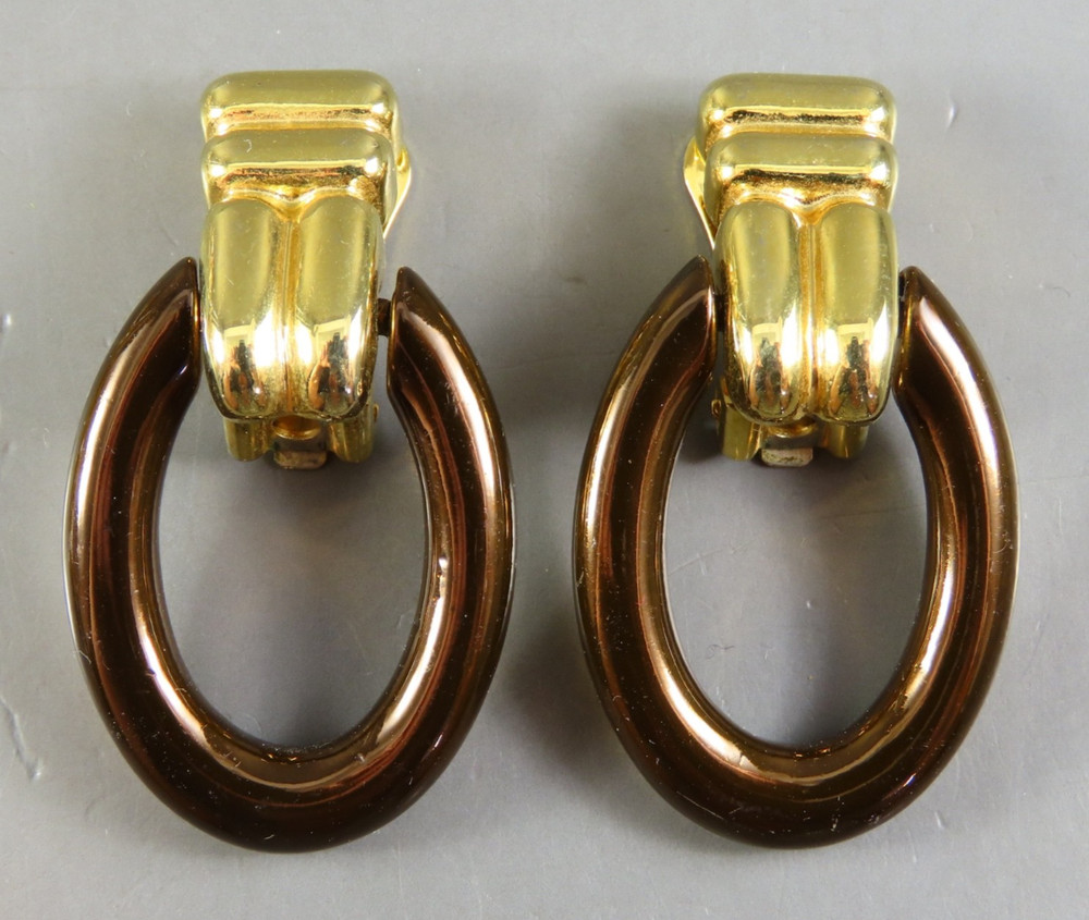 Vintage GOLD TONE CLIP-ON DANGLE EARRINGS Dark Brown Enamel DOORKNOCKERS OVAL
