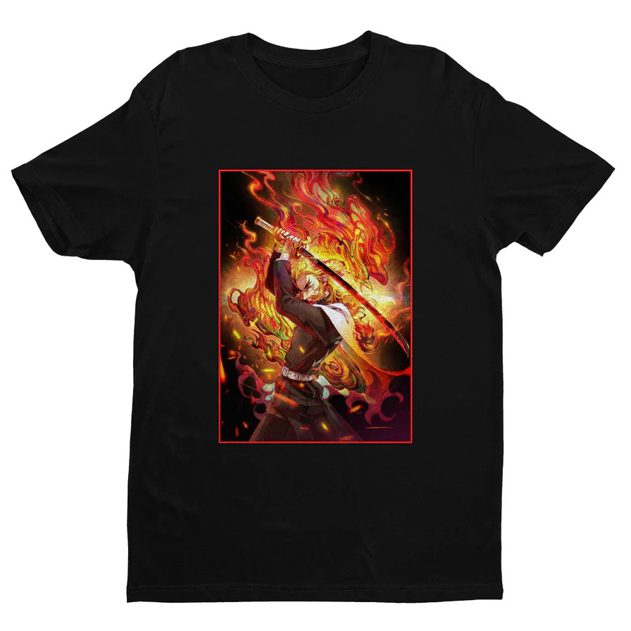 Anime Rengoku Demon Slayer Black T Shirt Size S - 5XL