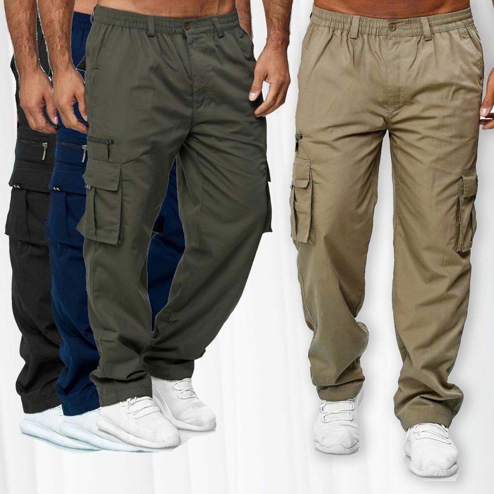 Trousers Combat Work Pants Bottoms New Mens Lightweight Elasticated Waist Cargo