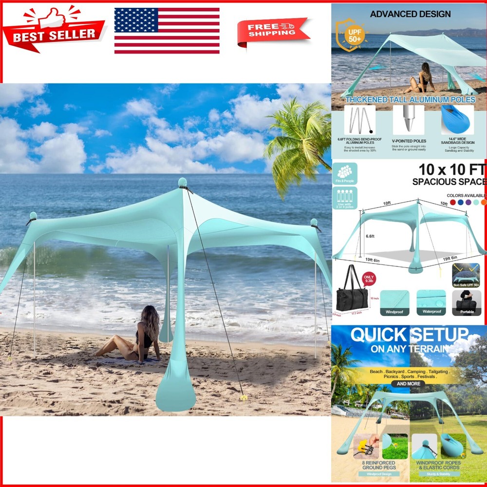 10x10ft Portable Beach Canopy with 4 Poles for Camping & Picnics