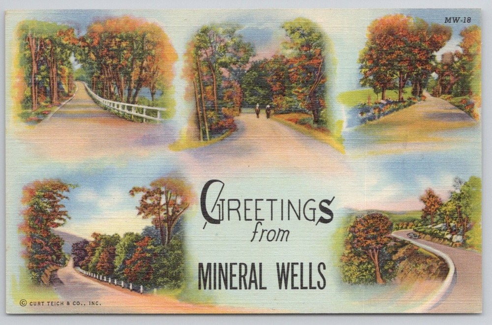 Greetings from Mineral Wells Texas Linen Postcard Scenic Roads Curt Teich