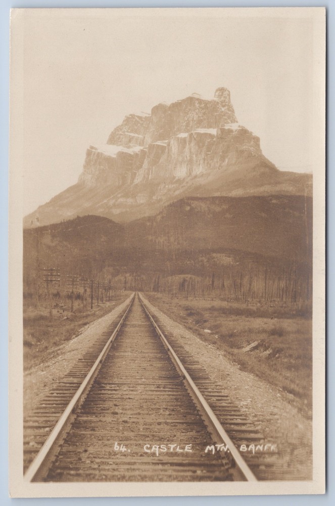 RPPC Canada Banff Castle Mountain Railroad Tracks Byron Harmon Postcard