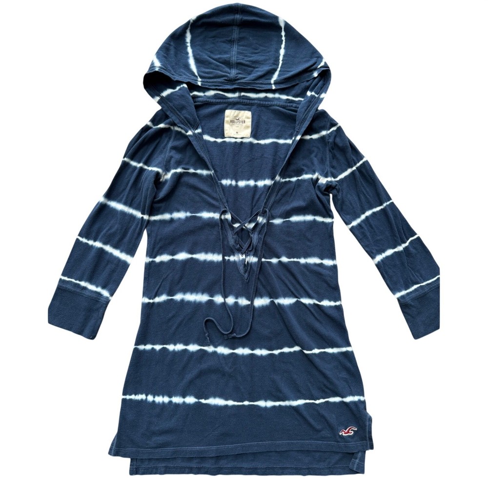 Hollister Womens Y2K Hooded Tunic Top Navy Tie Dye Stripe Size M Beachy