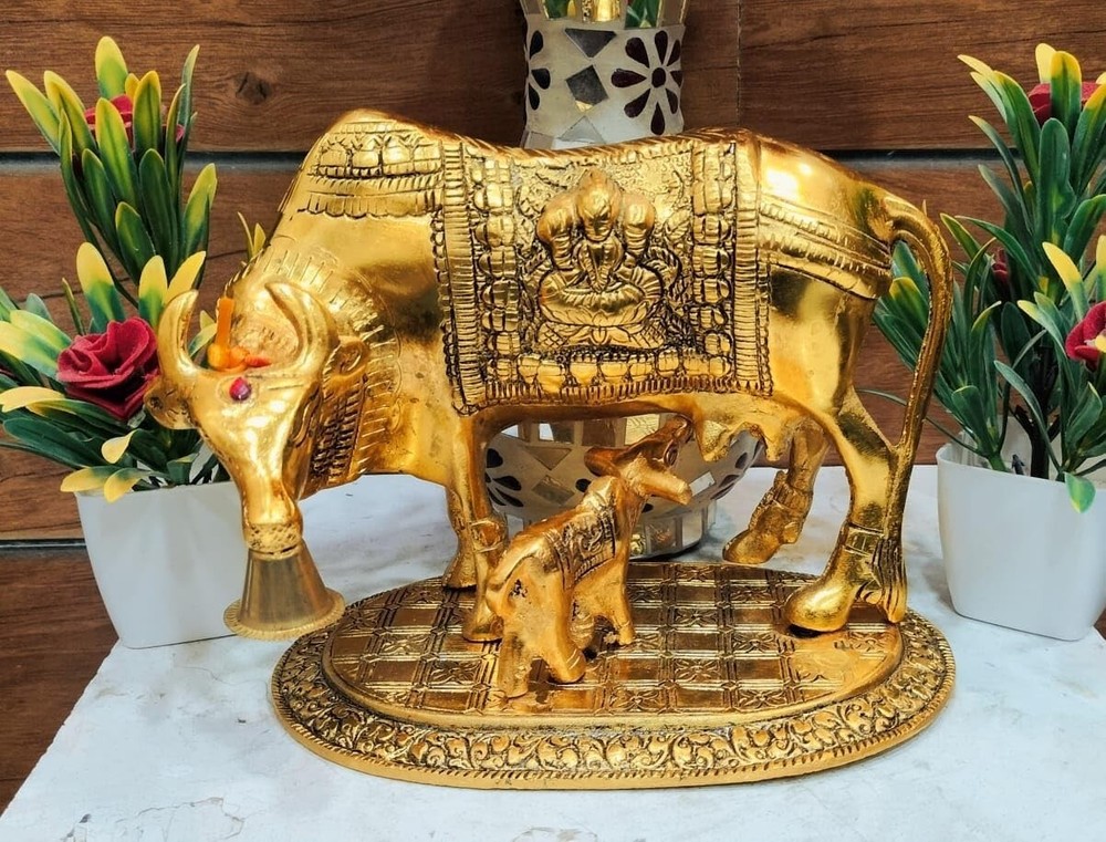 Kamdhenu Cow with Calf Idol for Home and Office, Metal Golden