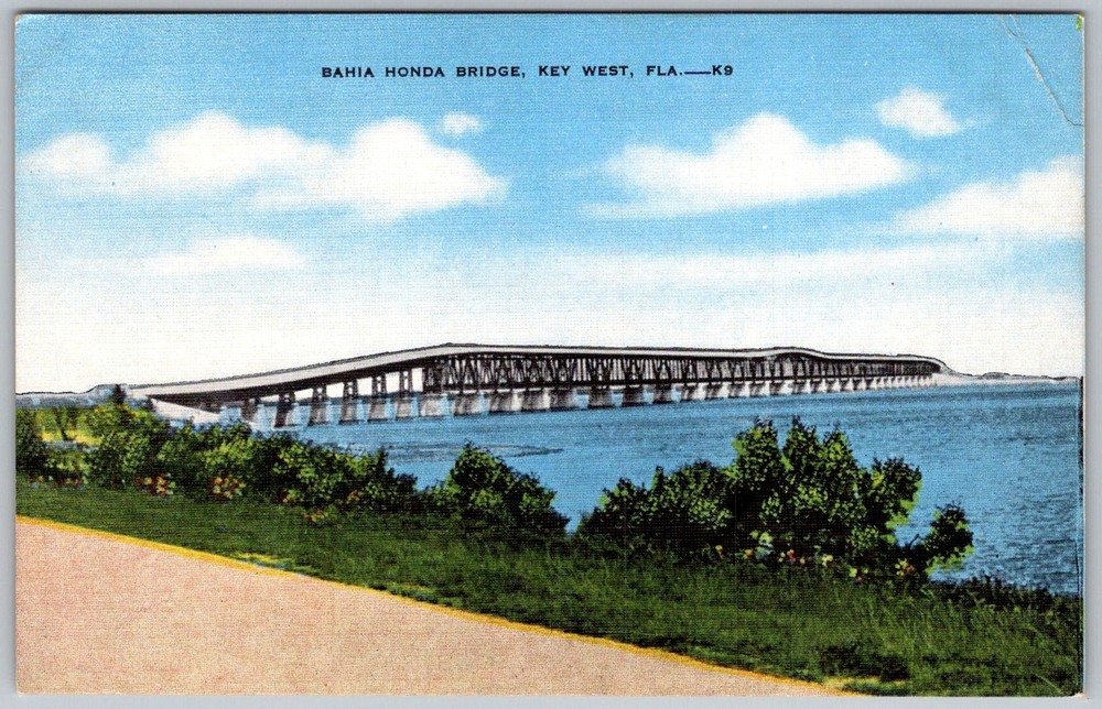 Vtg Linen Postcard Bahia Honda Bridge Overseas Key West, FL 1940s