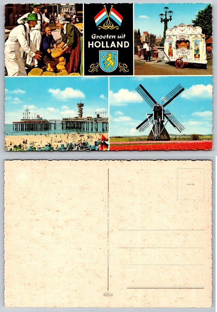 Vintage Groeten uit Holland Postcard - Windmill, Tulips, Scheveningen Pier
