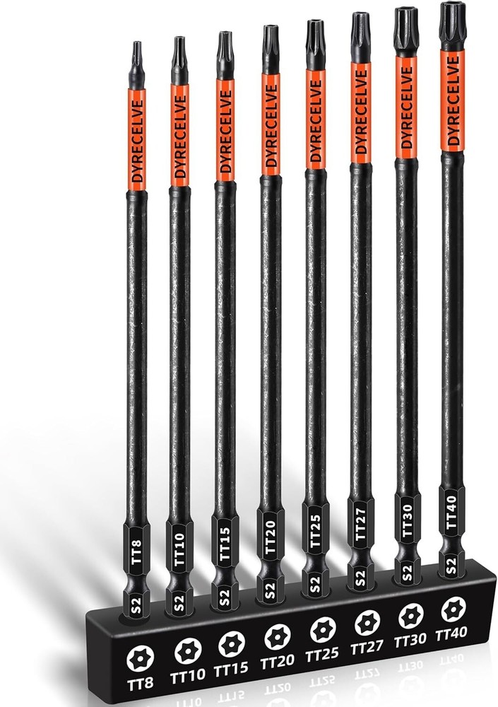 6 Inch Long Torx Bit Set 8-Pack with Magnetic Security T8 to T40 Impact Bits