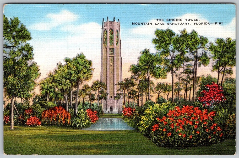 Vtg Linen Postcard Bok Tower Singing Carillon Lake Wales, FL 1940s