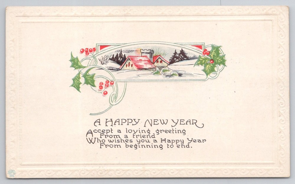 Vintage A Happy New Year Embossed Postcard Winter Scene Holly Reichner Bros