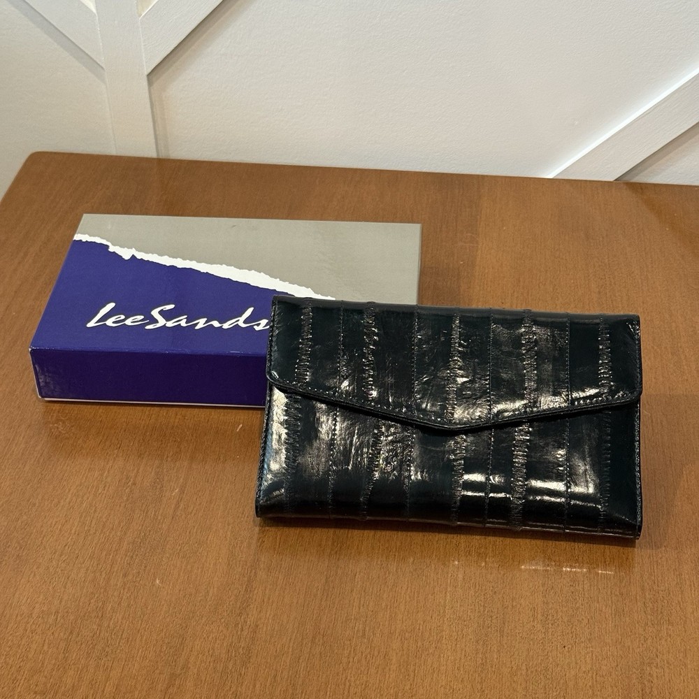 Lee Sands Hunter Green Eel Skin Fold Wallet Checkbook Cards Coins Vintage NOS