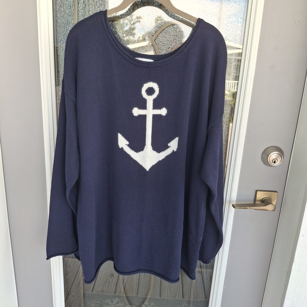 Belle Beach By Kim Gravel LS Navy Sweater w/CenterWhite Anchor XL  NWOT