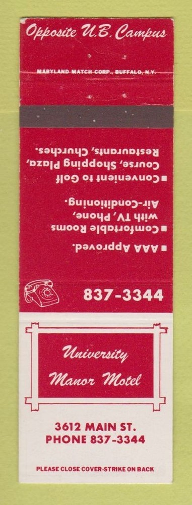 Matchbook Cover - University Manor Motel Buffalo NY