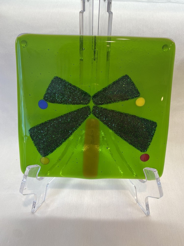 Fused Glass Square Trivet Abstract Holiday Palm Tree 6 X 5.75” Iridescent Detail-image