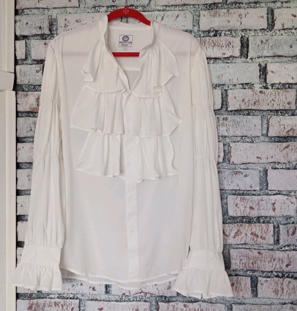 White Ruffle Poet Blouse Mandarin Collar Women M Romantic Buisness Casual Pirate