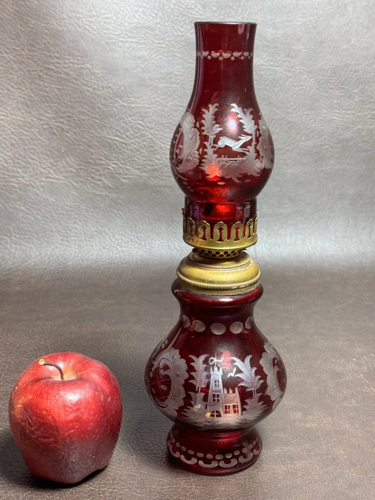 RARE Antique P&A Hornet Ruby Cranberry Glass Oil Lamp Light Castle Deer Etching