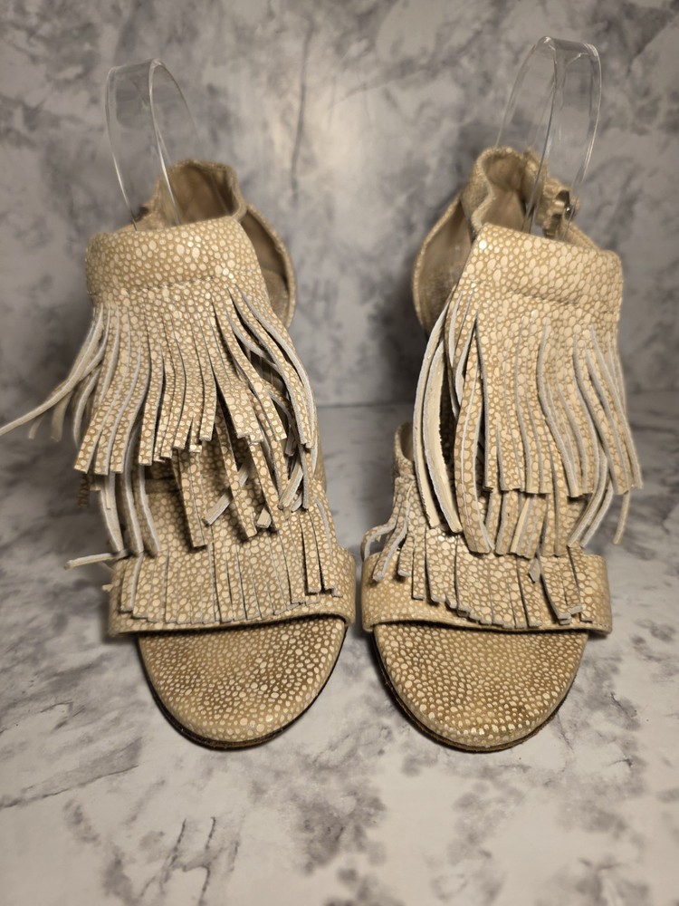 Uterqüe Women's Cream and Tan Sandals Women Sz 9 Fringe Open Toe High Heel