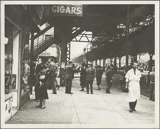 Photo:Third Ave 14th St New York NY 1950s Elevated Train Sidewalk Scene