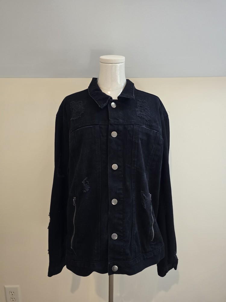 Forever 21 Mens Distressed Black/Dark Gray Back Zipper Denim Jacket Size XL