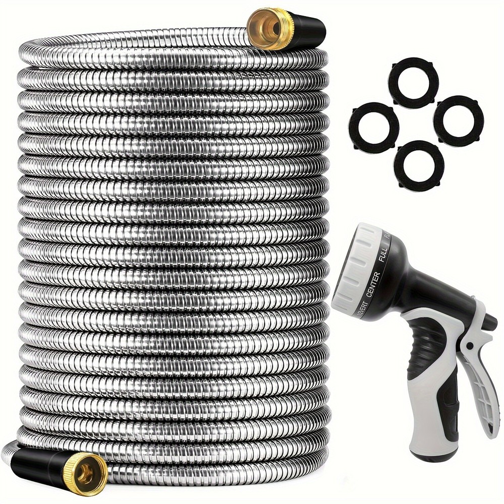 100ft 304 Stainless Steel Metal Garden Water Hose Flexible w/Nozzle Connector