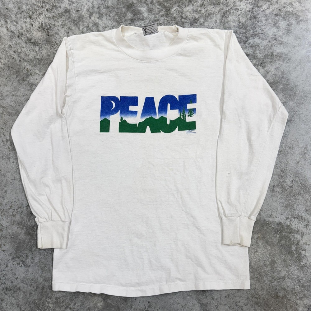 Vintage Peace Extinction Graphic Shirt Mens Medium White Oneita Long Sleeve 80s