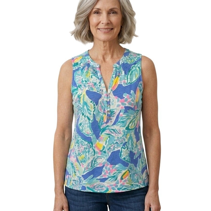 Lilly Pulitzer Sleeveless Top Women XS Blue Floral Cotton Smocked Split Neck