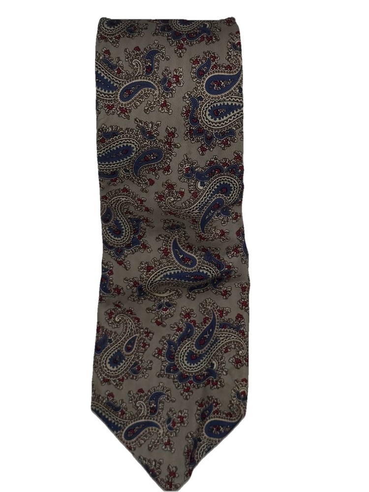 Liberty of London Men's Tie Necktie Warm Taupe Blue Burgundy 100% Silk  T370