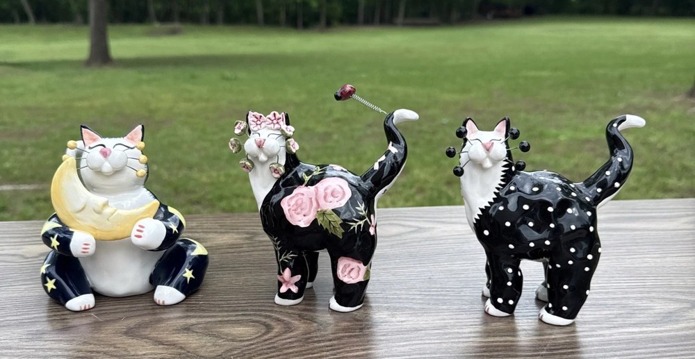 Amy Lacombe WhimsiClay Cats Figurines #21045 #24807 Moon Floral Dots 2001 02 03