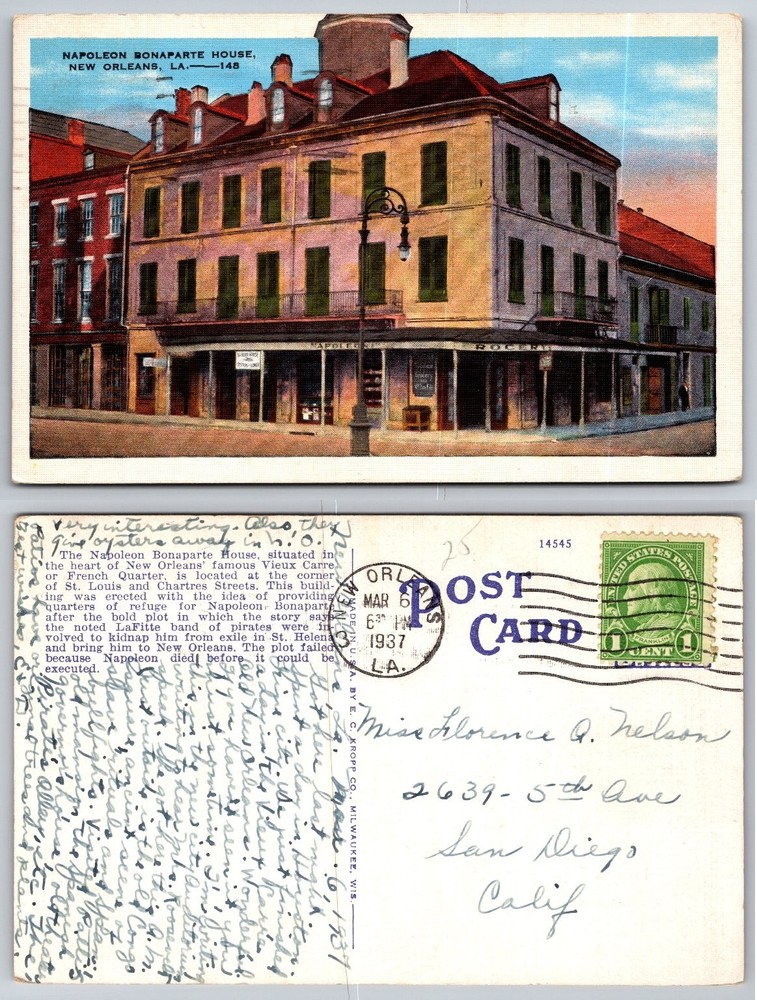 1937 Napoleon Bonaparte House New Orleans LA Linen Postcard Posted